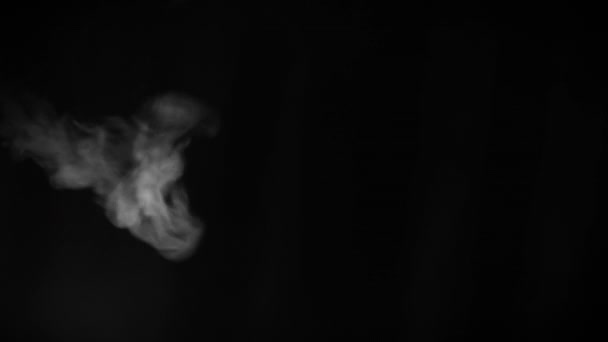 Fragmen uap keriting panas putih, asap di latar belakang hitam, close-up, Full HD. Elemen desain. — Stok Video