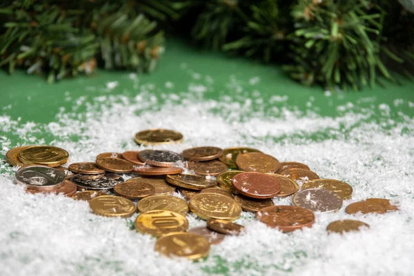 Gold coins lying on the snow against the background of green spruce branches, close-up, selective focus. — Stock Photo, Image