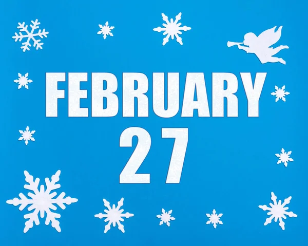 Lutego Zimowe Niebieskie Tło Płatkami Śniegu Aniołem Datą Kalendarzową Dzień — Zdjęcie stockowe