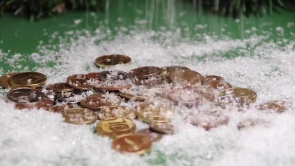 Sníh Padající Zlaté Mince Zeleném Pozadí Zblízka Selektivní Zaměření Full — Stock video