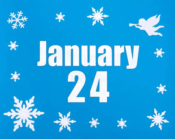 1月24日 雪の結晶 天使とカレンダーの日付と冬の青の背景 月の24日 冬の月 その年のコンセプトの日 — ストック写真