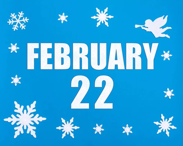 Lutego Zimowe Niebieskie Tło Płatkami Śniegu Aniołem Datą Kalendarzową Dzień — Zdjęcie stockowe