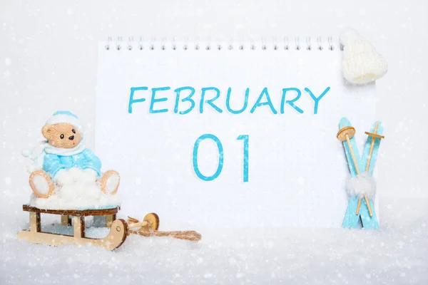 Den Februari Teddybjörnen Sitter Släde Blå Skidor Och Ett Kalenderdatum — Stockfoto