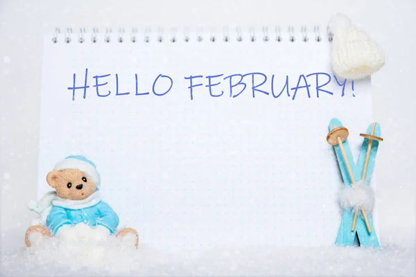 Miś w niebieskich ubraniach siedzący na sankach, niebieskich drewnianych nartach, białym kapeluszu i notatniku ze słowami HELLO LUTY — Zdjęcie stockowe