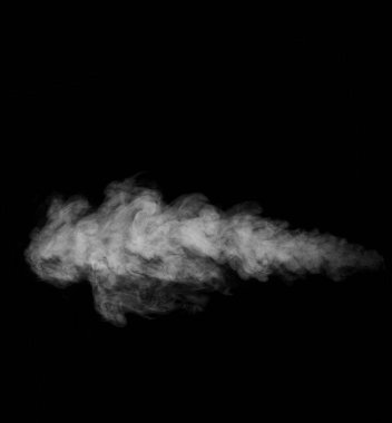 White horizontal steam, smoke isolated on black background. A piece of curly curving smoke to overlay on photos