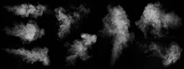 Sada devíti různých typů vířícího, kroutícího se kouře, pára izolovaná na černém pozadí pro překrytí — Stock fotografie