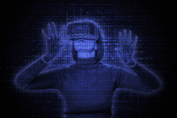 VR kulaklık kullanan bir kız sanal gerçeklik siber uzay fütüristik mavi arka planda matris ikili kodlu.