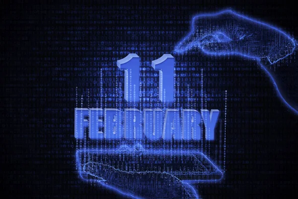 February 11Th Hand Holding Phone Calendar Date Futuristic Neon Blue — Stock Photo, Image