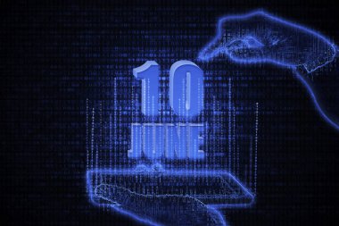 10 Haziran. Fütürist neon rengi arka planda takvim tarihi olan bir telefonu tutan bir el. Ayın onuncu günü. Meta evren kavramı. Yaz ayı, yılın günü konsepti..