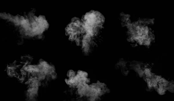 一组六种不同类型的漩涡，翻滚的烟雾，隔离在黑色背景上的蒸汽，用来覆盖你的照片 — 图库照片