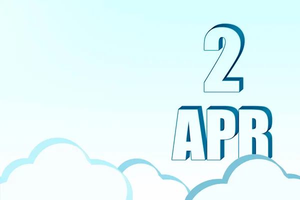 3d ημερολόγιο με ημερομηνία 2 Απριλίου σε μπλε ουρανό με σύννεφα, αντίγραφο χώρου. 3D κείμενο. Εικονογράφηση. Ελαχιστοποίηση. — Φωτογραφία Αρχείου