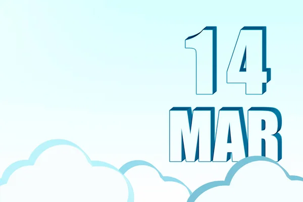 Calendario 3d con la fecha del 14 de marzo en el cielo azul con nubes, espacio de copia. Texto en 3D. Ilustración. Minimalismo. —  Fotos de Stock