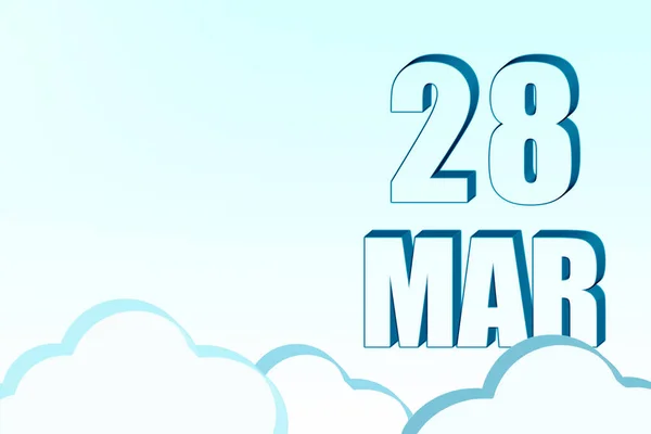 3d ημερολόγιο με την ημερομηνία της 28ης Μαρτίου σε μπλε ουρανό με σύννεφα, αντίγραφο χώρου. 3D κείμενο. Εικονογράφηση. Ελαχιστοποίηση. — Φωτογραφία Αρχείου