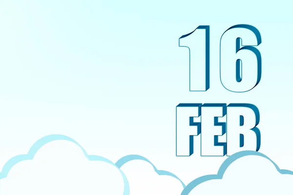 3D-Kalender mit dem Datum des 16. Februar am blauen Himmel mit Wolken, Kopierraum. 3D-Text. Illustration. Minimalismus. — Stockfoto