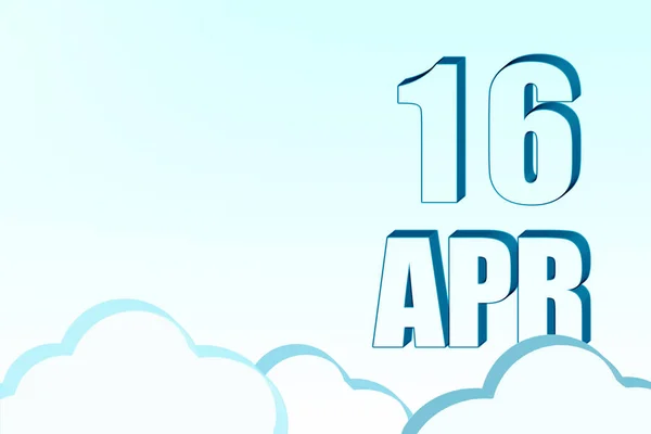 Calendario 3d con la fecha del 16 de abril en el cielo azul con nubes, espacio de copia. Texto en 3D. Ilustración. Minimalismo. —  Fotos de Stock