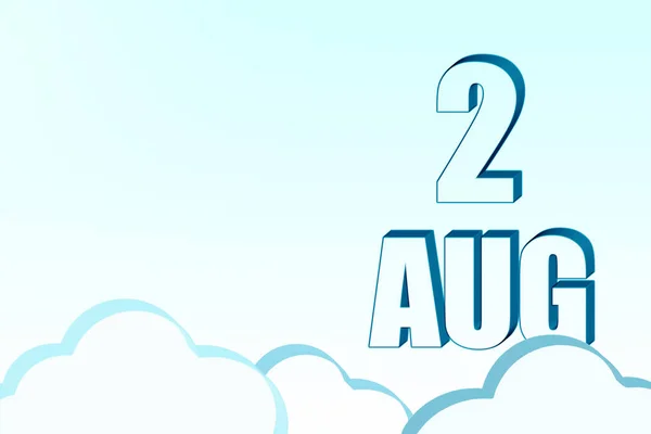 3d kalender met de datum van 2 augustus op blauwe lucht met wolken, kopieer ruimte. 3D tekst. Illustratie. Minimalisme. — Stockfoto