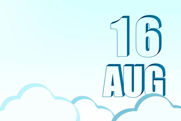 3D-kalender med datum den 16 augusti på blå himmel med moln, kopiera utrymme. 3D-text. Illustration. Minimalism. — Stockfoto