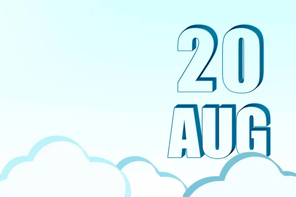 3D-kalender med datum den 20 augusti på blå himmel med moln, kopiera utrymme. 3D-text. Illustration. Minimalism. — Stockfoto