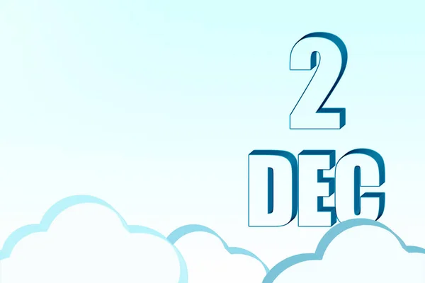 Calendrier 3d avec la date du 2 décembre sur ciel bleu avec nuages, espace de copie. Texte 3D. Illustration. Minimalisme. — Photo