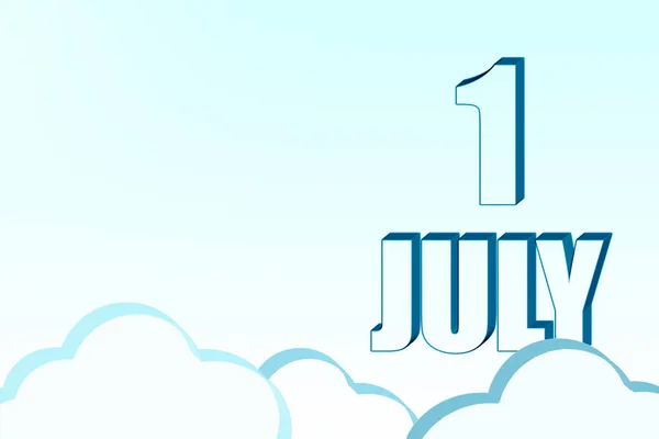 7月1日3D日历 日期为7月1日 蓝天有云彩 复制空间 3D文本 简约主义夏天的月份 一年的第一天的概念 — 图库照片