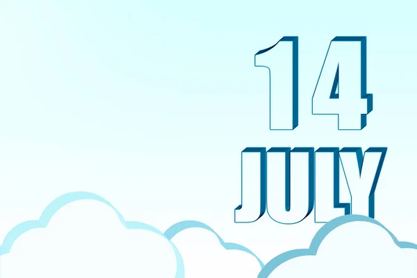 七月十四日 3D日历 日期为7月14日 蓝天云彩 复制空间 3D文本 简约主义夏天的月份 一年的第一天的概念 — 图库照片
