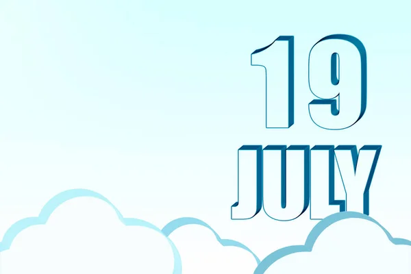 3d calendar with the date of 19July on blue sky with clouds, copy space. 3D text. Illustration. Minimalism. — Stock Photo, Image