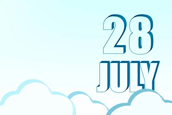 Calendario 3d con la fecha del 28 de julio en el cielo azul con nubes, espacio de copia. Texto en 3D. Ilustración. Minimalismo. —  Fotos de Stock