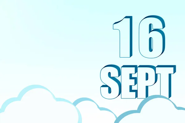 3d calendar with the date of 16 September on blue sky with clouds, copy space. 3D text. Illustration. Minimalism. — Stock Photo, Image