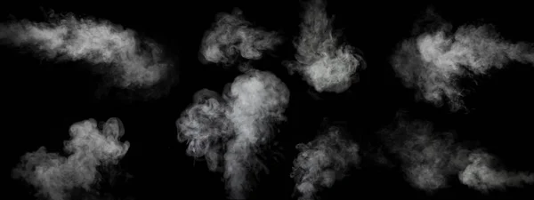 Sekiz farklı türde girdap, kıvranan duman, kara arka planda izole edilmiş buhar. — Stok fotoğraf