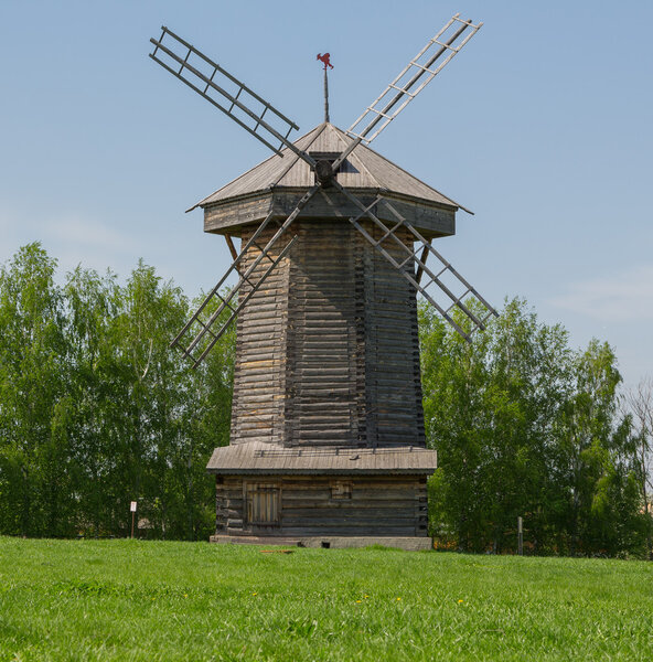 Wooden windmill from the Sudogodsky area in the museum of wooden architecture in Suzdal, Vladimir region