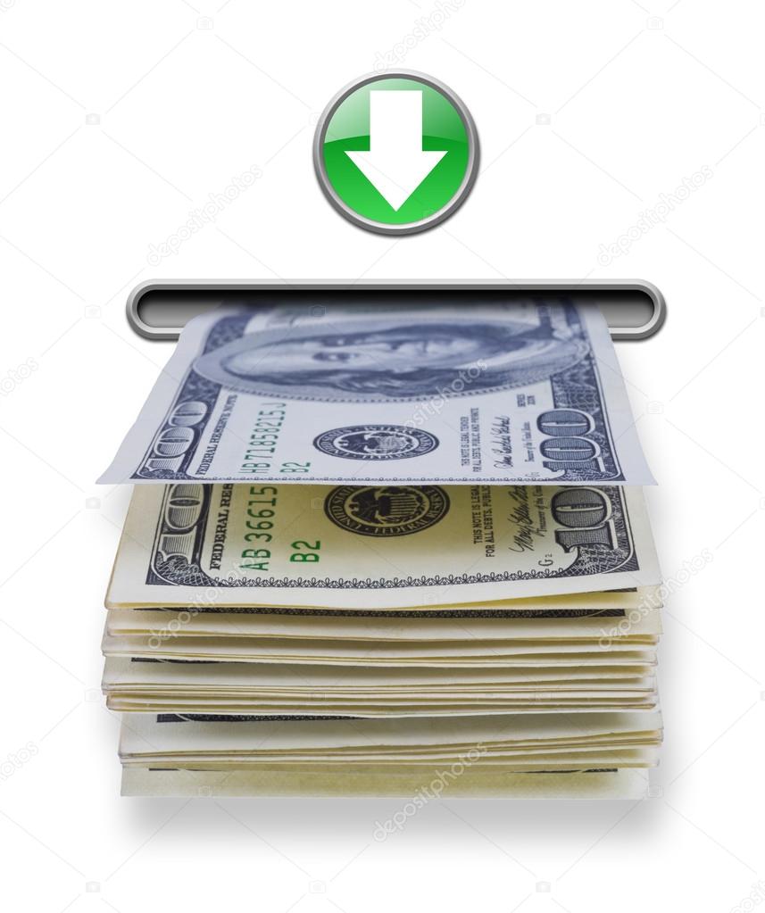 Money stack dispensed from imaginary atm cash machine — Stock Photo