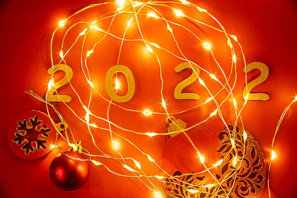 Weihnachts Und Neujahrskarte Zahl 2022 Und Lichter — Stockfoto