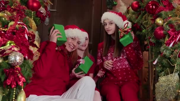 Bonne famille donner des cadeaux de Noël et avoir du plaisir — Video