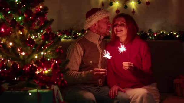 Schöne Familie feiert Weihnachten und hält Wunderkerzen in der Hand — Stockvideo