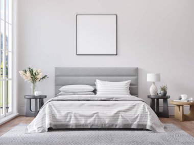 Baskı için boş kare çerçeve ya da modern nötr gri yatak odasının iç kısmında beyaz duvara poster modeli, ahşap zemin, geometrik desenli halı, komodin, lambalar, dekor ve bitkiler. 3B görüntüleme.