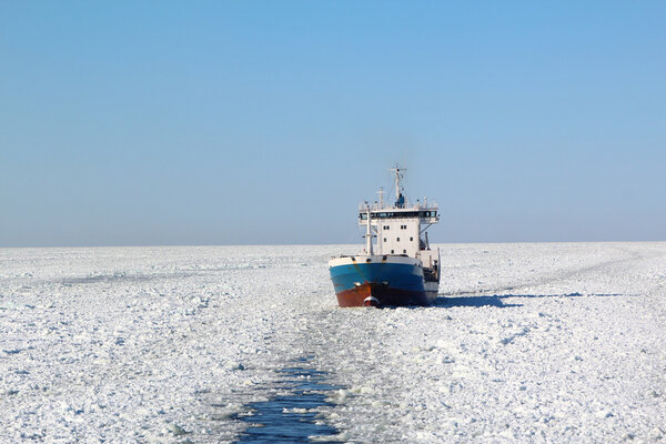 Ship is in the winter sea