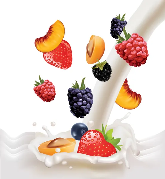 Fruits and berries in milk — Stock Vector