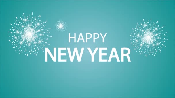 青い背景に白い花火と幸せな新年のタイポグラフィ アートビデオイラスト — ストック動画