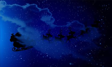Gece bulutlu gökyüzünde Noel Baba, vektör sanat çizimi.