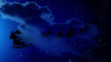 Gece bulutlu gökyüzünde Noel Baba, sanat videosu illüstrasyonu.