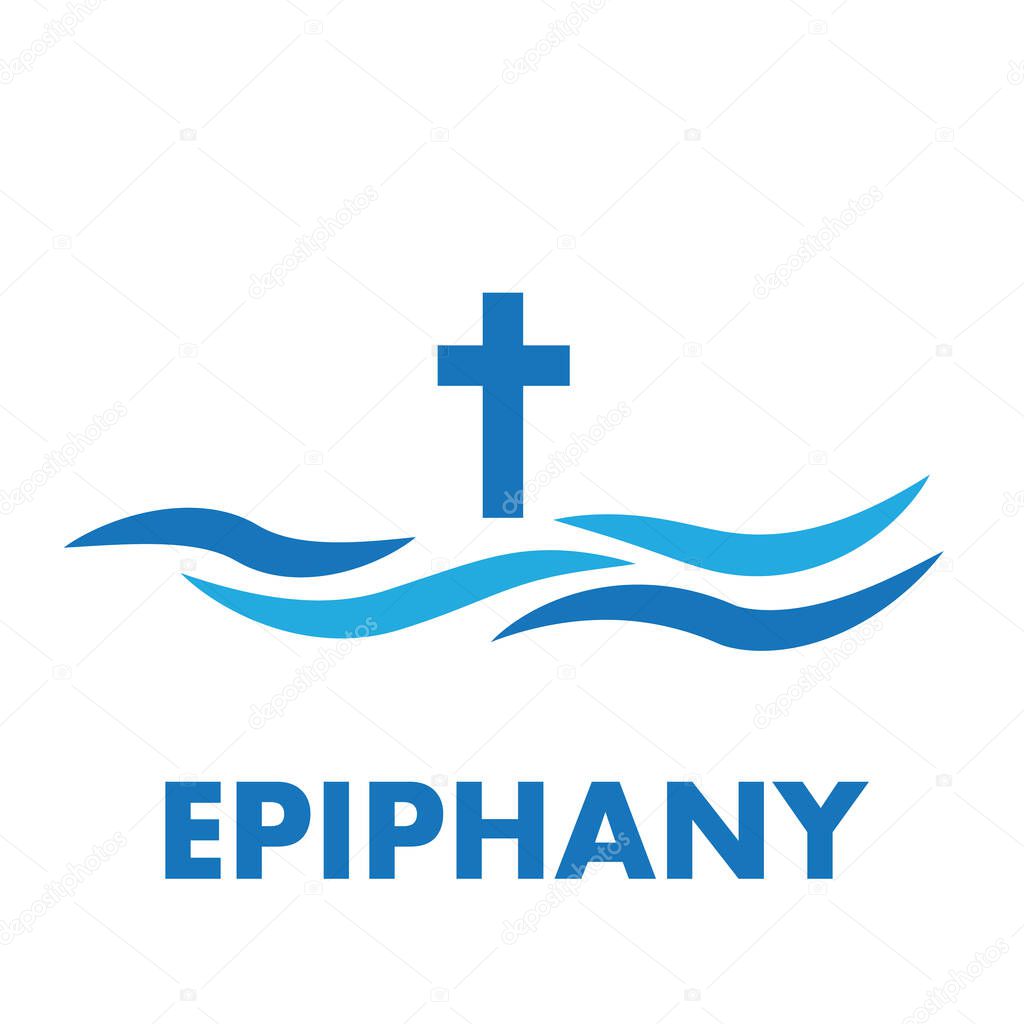 Cross on water baptism Epiphany, vector art illustration.