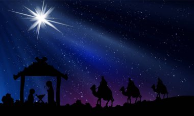 İsa 'nın Noel arkaplanda pembe gökyüzü, sanat videosu illüstrasyonu.