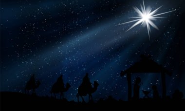 Üç kral ve İsa Noel gecesinde yıldızlı bir gökyüzü ve sanat videosu illüstrasyonuyla.