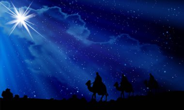 Yıldızlı bir Noel gecesinde üç bilge adam, sanat videosu illüstrasyonu.