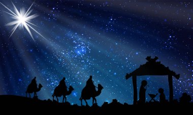 Yıldızlı bir Noel gecesinde bilge adamlar ve İsa, sanat videosu illüstrasyonu.