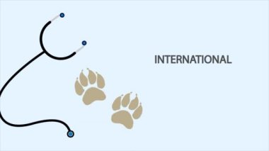 Uluslararası Veterinerler Günü pençe izleri ve steteskop, sanat videosu illüstrasyonu.