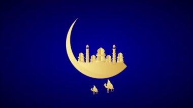 Eid al fitr Mubarak moon temple and travelers, art video illustration.
