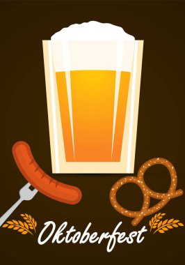 Oktoberfest celebration of beer and sausages, vector art illustration.
