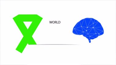 Dünya Ruh Sağlığı Günü kurdelesi ve beyni, sanat videosu illüstrasyonu.