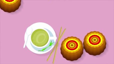 Zhongqiu ayı ve hasat festivali çay ve tatlılar, sanat videosu illüstrasyonu.